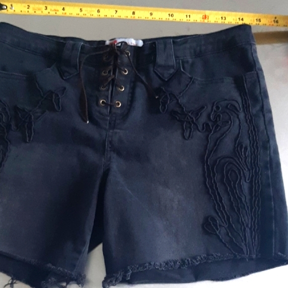 Gasoline Jean's Pants - CUTE Gasoline Jean Shorts with Leather Lace-Up Front and Embroidery